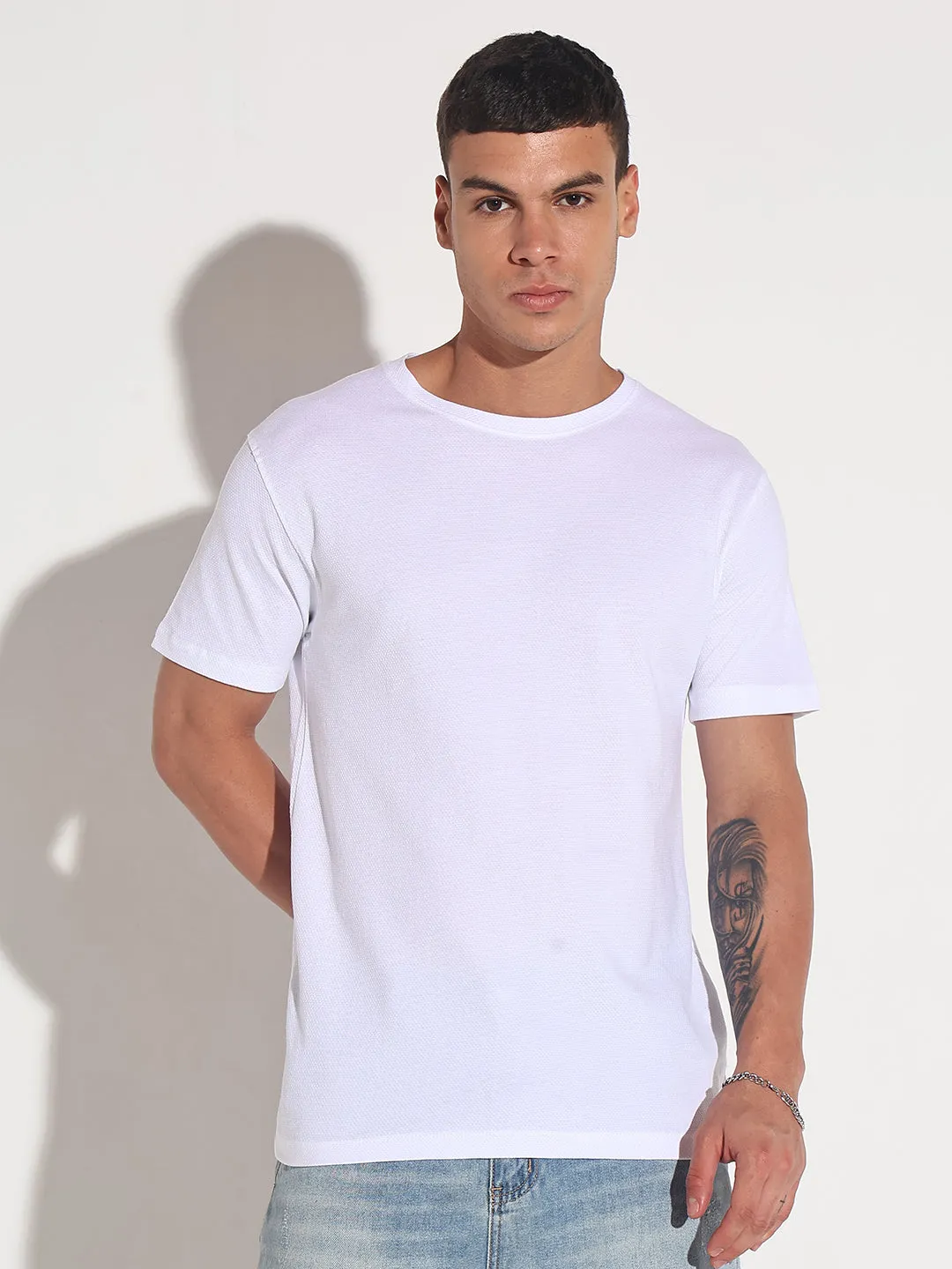 Men's White Round Neck Regular Fit T-Shirt Thick Glow