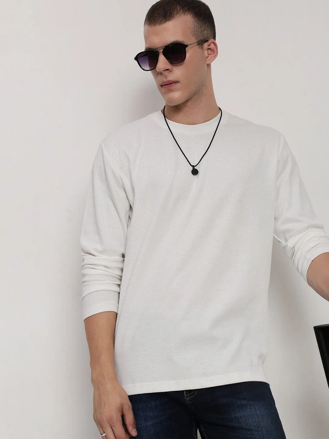 Men's White Round Neck Slim Fit T-Shirt gemstone accents