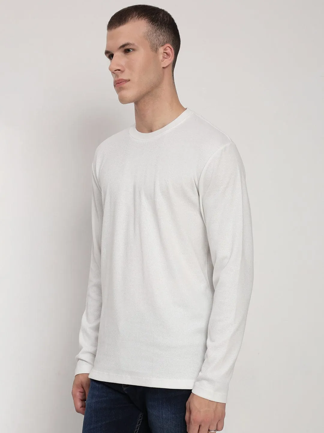 Men's White Round Neck Slim Fit T-Shirt Thermal Insulation