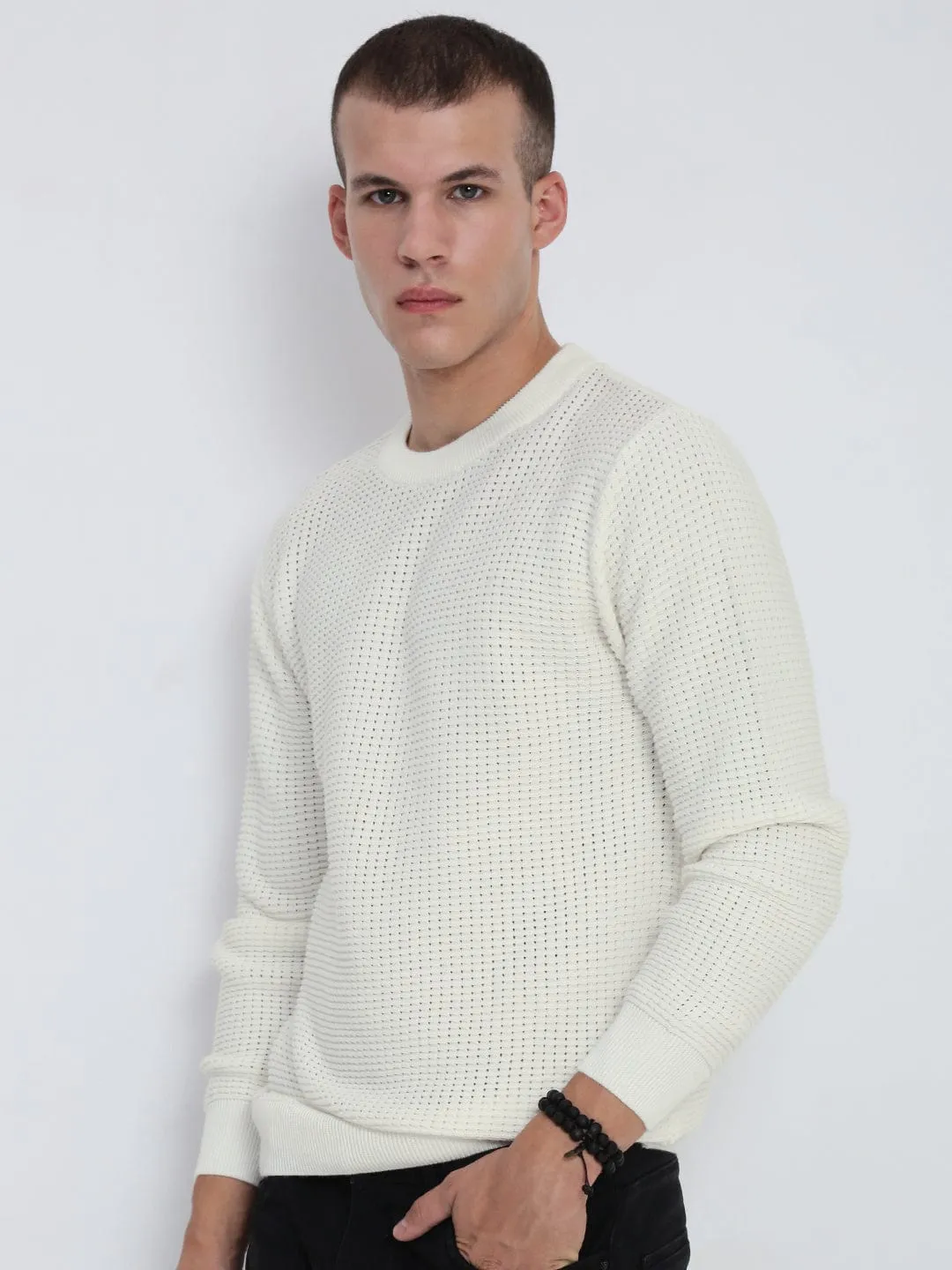 Men's White Round Neck Sweater Eco Conscious Manufacturing