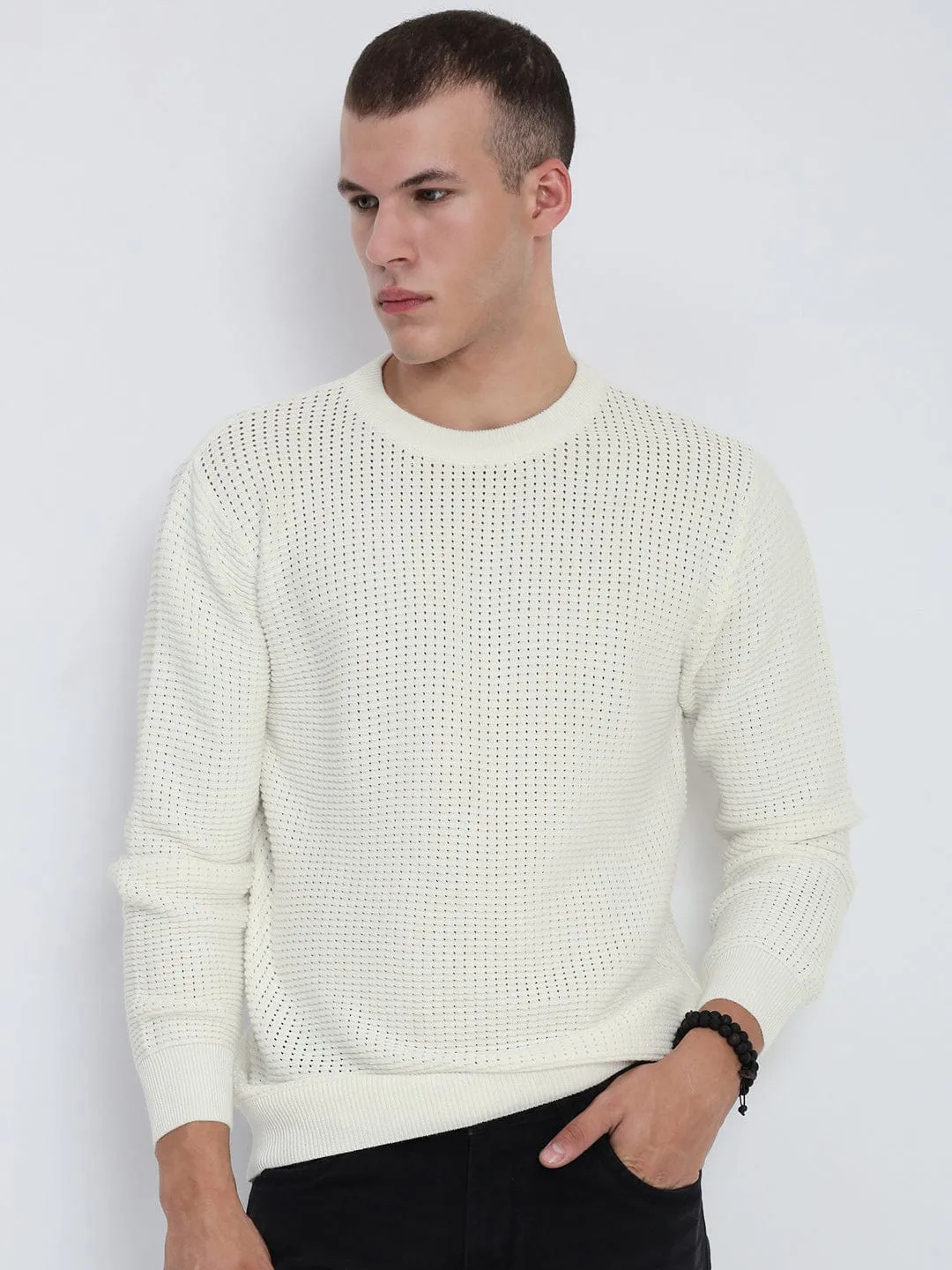 Men's White Round Neck Sweater Neutral Tone Colorfast Guide