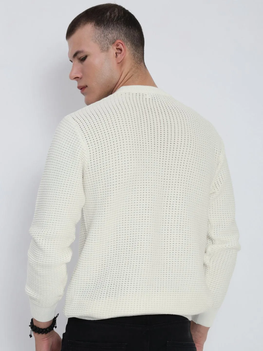 Men's White Round Neck Sweater Core Style Durable Elasticity