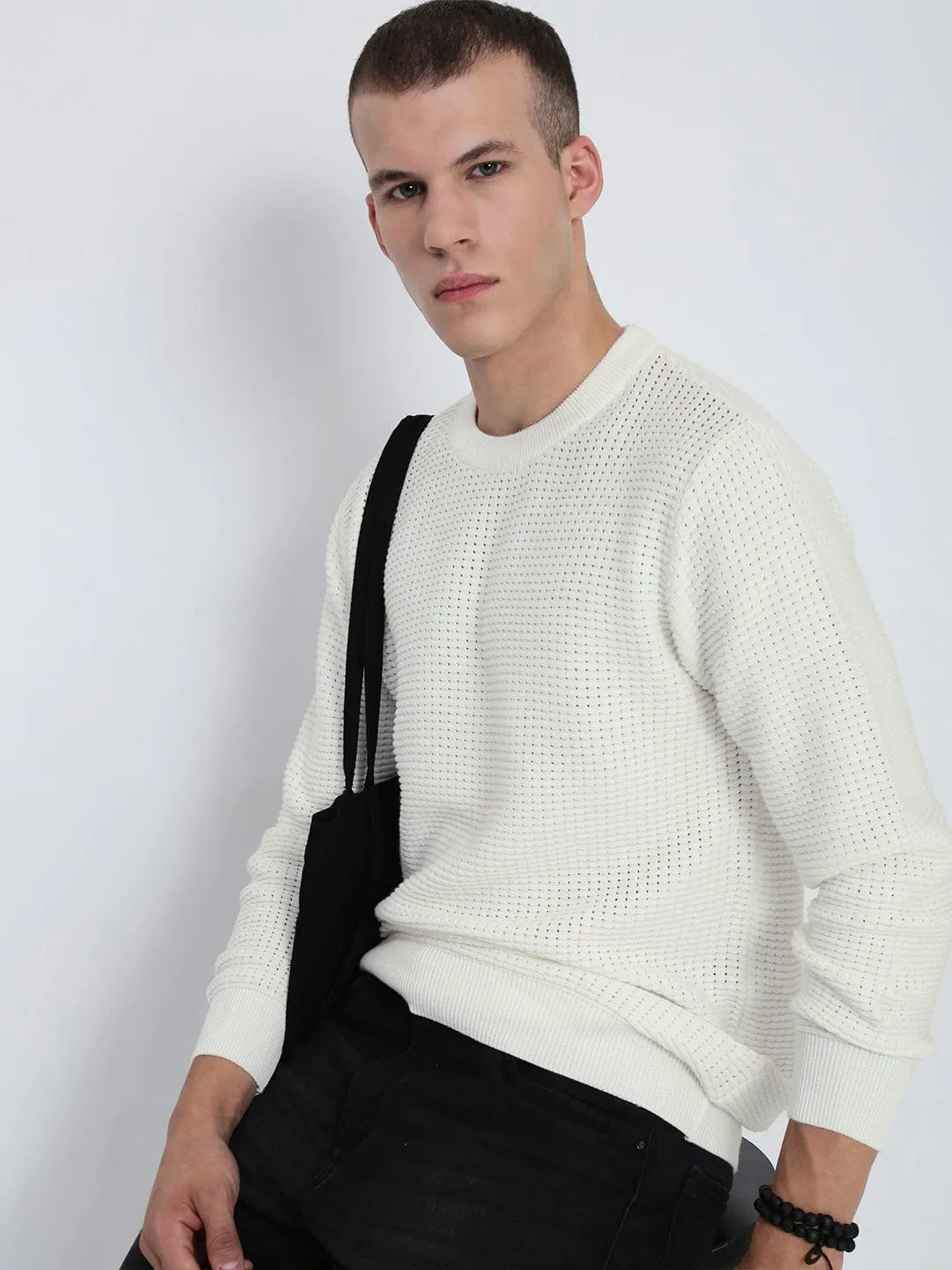 Neutral Colors Men's White Round Neck Sweater
