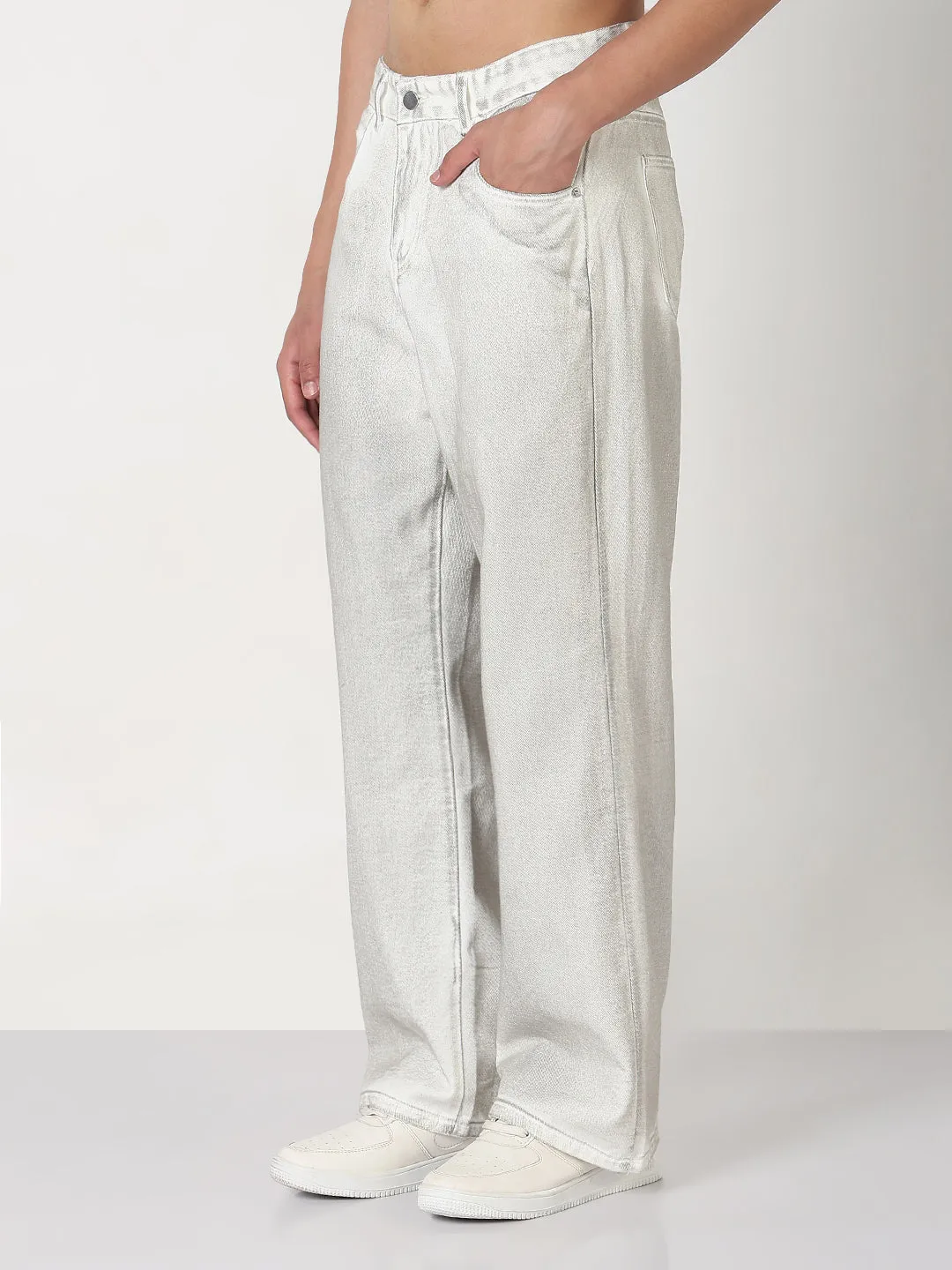 Men's White Shaded Wide Leg Jeans Garment Washed Softness