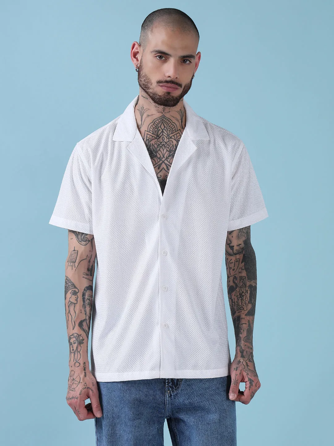 Fashion Dress Men's White Solid Cuban Collar Relaxed Fit Semi-Sheer Shirt