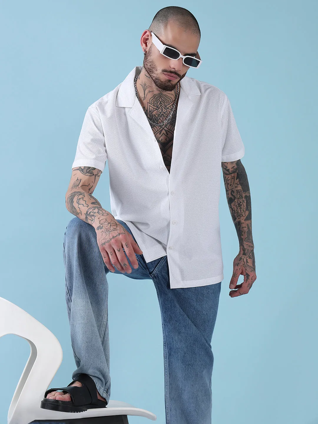 Glow Core Men's White Solid Cuban Collar Relaxed Fit Semi-Sheer Shirt