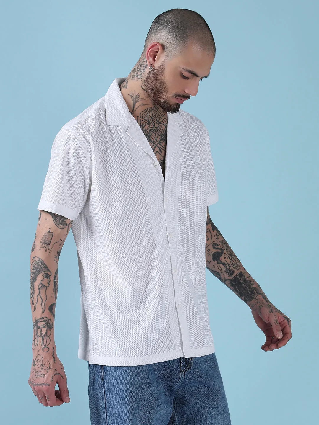 Men's White Solid Cuban Collar Relaxed Fit Semi-Sheer Shirt Global Glow Soft Touch