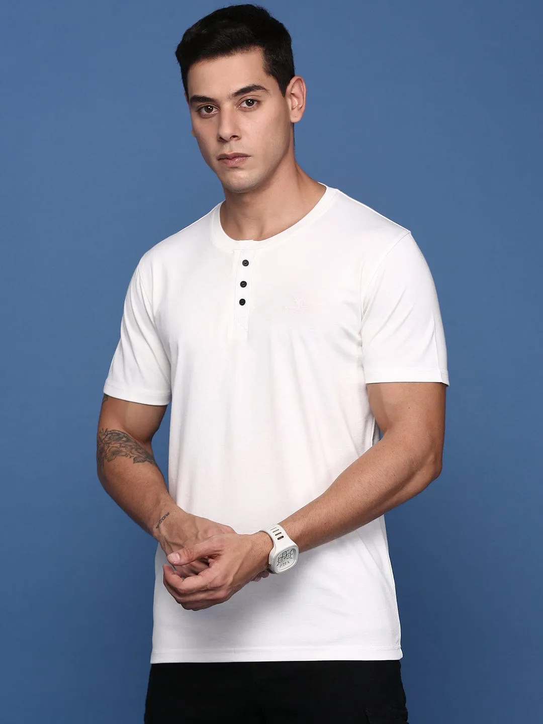 Odor Free Core Chic Men's White Solid Henley Neck Cotton Slim Fit T-Shirt