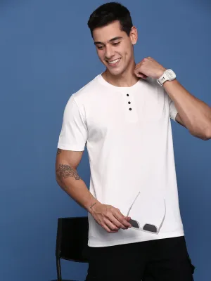 Home friendly Men's White Solid Henley Neck Cotton Slim Fit T-Shirt