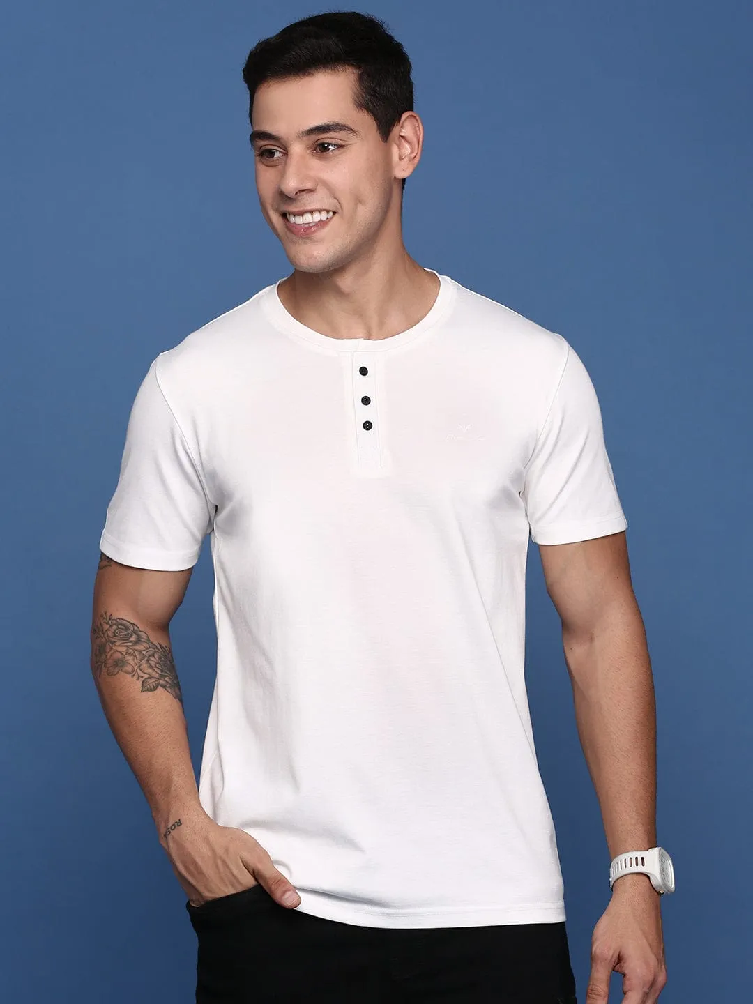 Men's White Solid Henley Neck Cotton Slim Fit T-Shirt Simple Wear