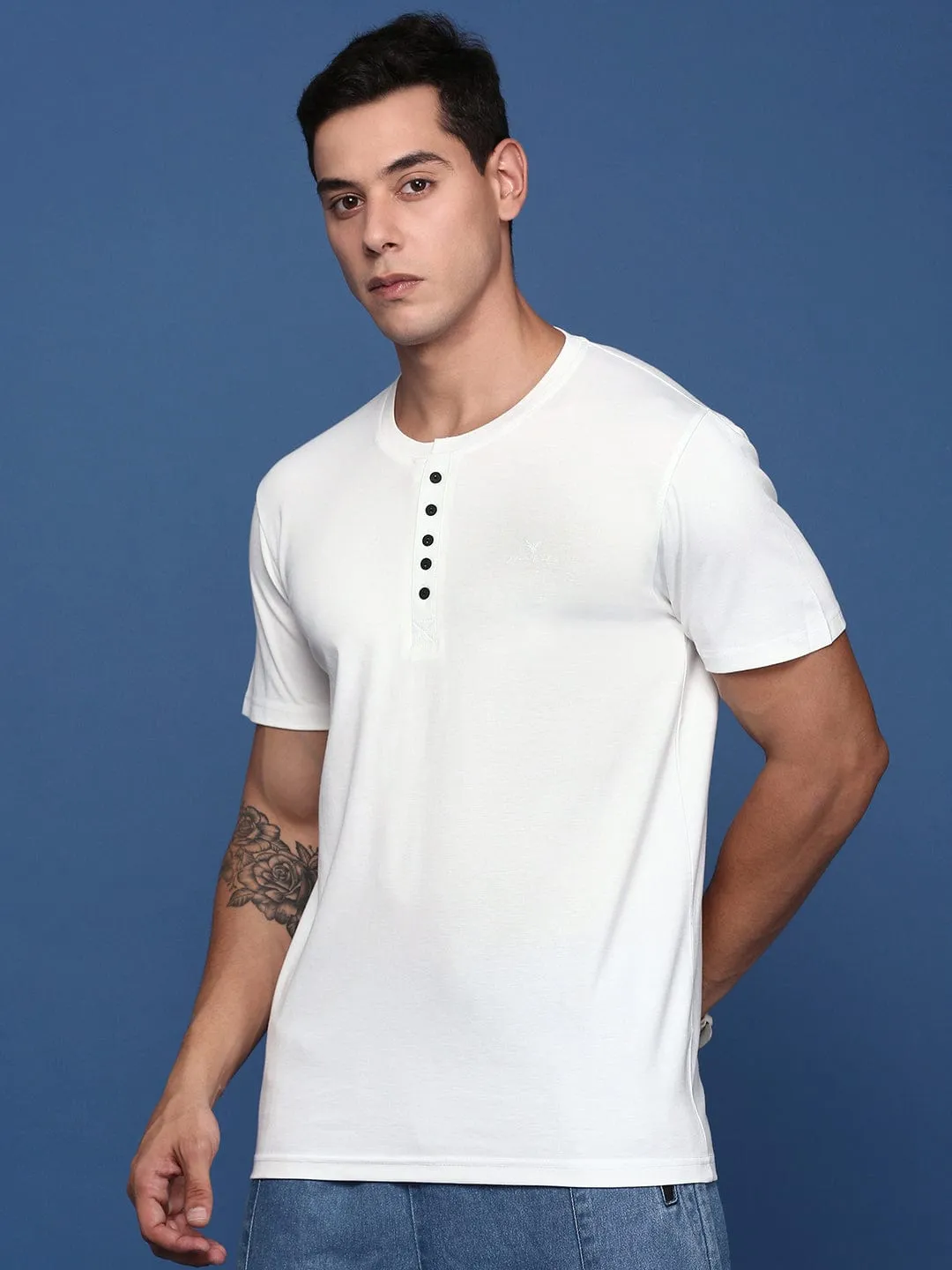 Men's White Solid Henley Neck Cotton Slim Fit T-Shirt Smart Hoodie Sustainable