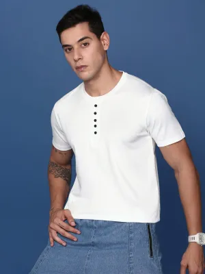 Layer Fit Drawstring Hood Men's White Solid Henley Neck Cotton Slim Fit T-Shirt