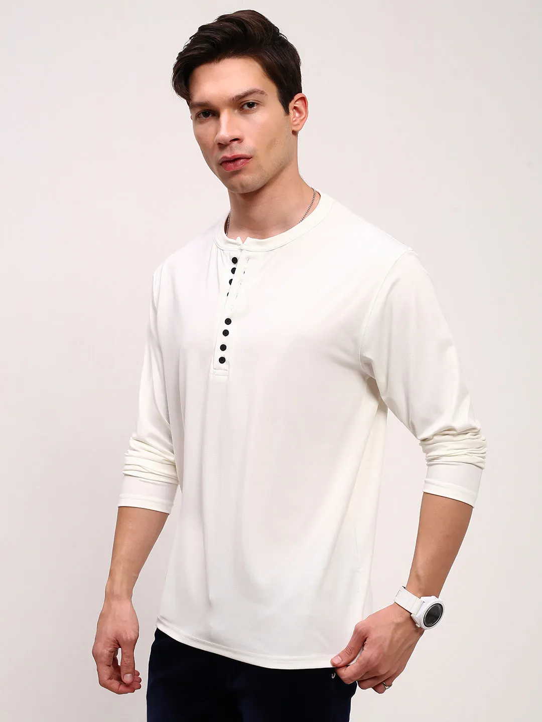 Men's White Solid Henley Neck Cotton T-Shirt appropriate for weekdays