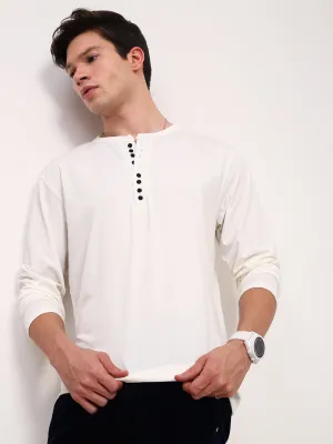 Half sleeve Unique selling points Men's White Solid Henley Neck Cotton T-Shirt