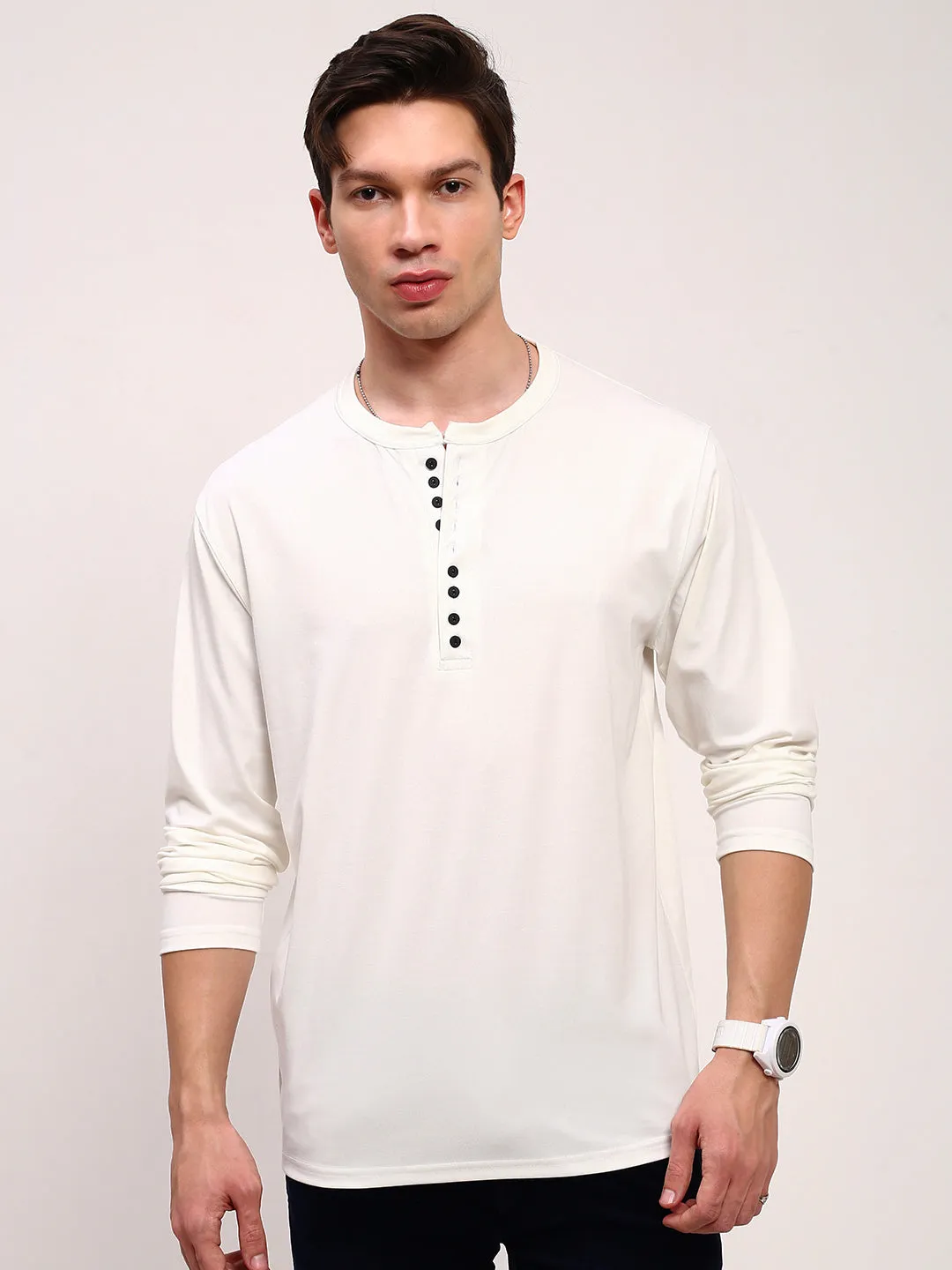 jewelry accents Cozy Texture Men's White Solid Henley Neck Cotton T-Shirt