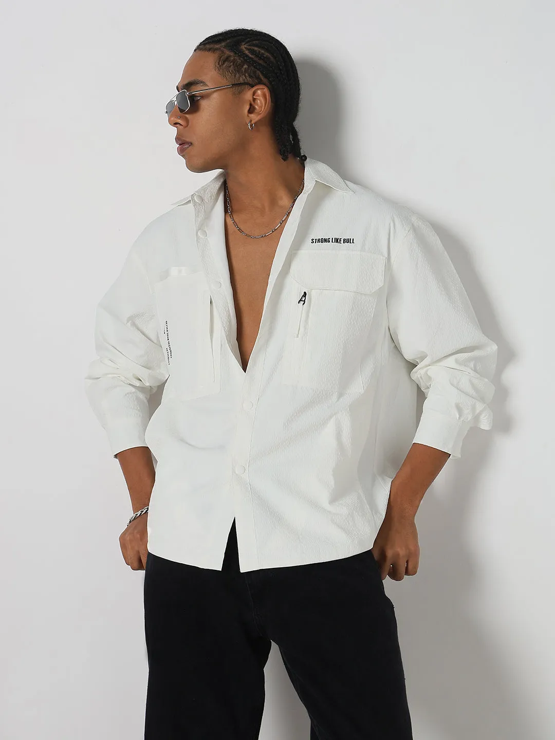 Men's White Solid Oversized Full Sleeve Shirt with Chest Pockets Seasonal Style Quick Core