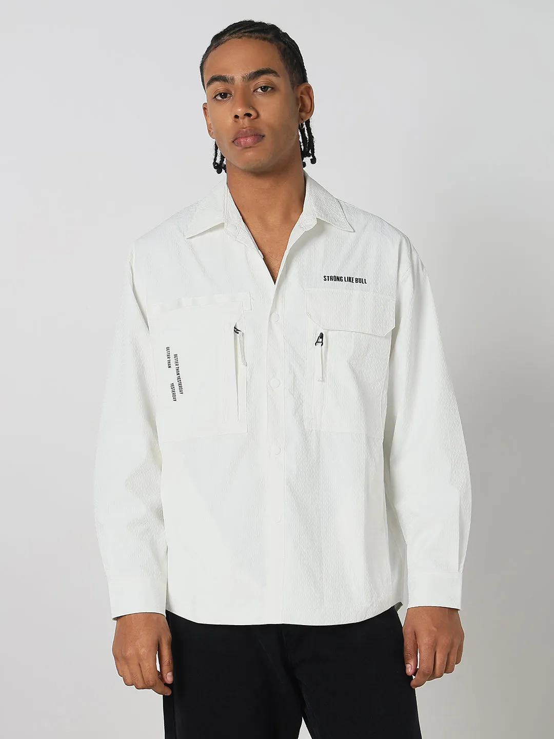 Men's White Solid Oversized Full Sleeve Shirt with Chest Pockets Star Mood Wind Block