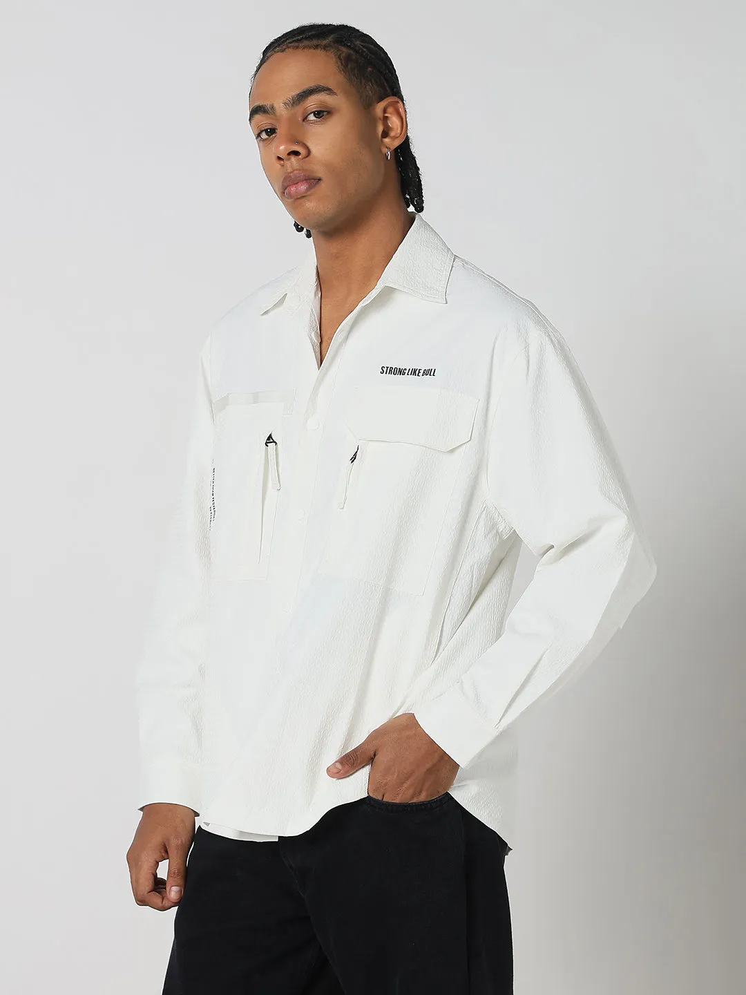 Shine Fit Rugged shoes Men's White Solid Oversized Full Sleeve Shirt with Chest Pockets