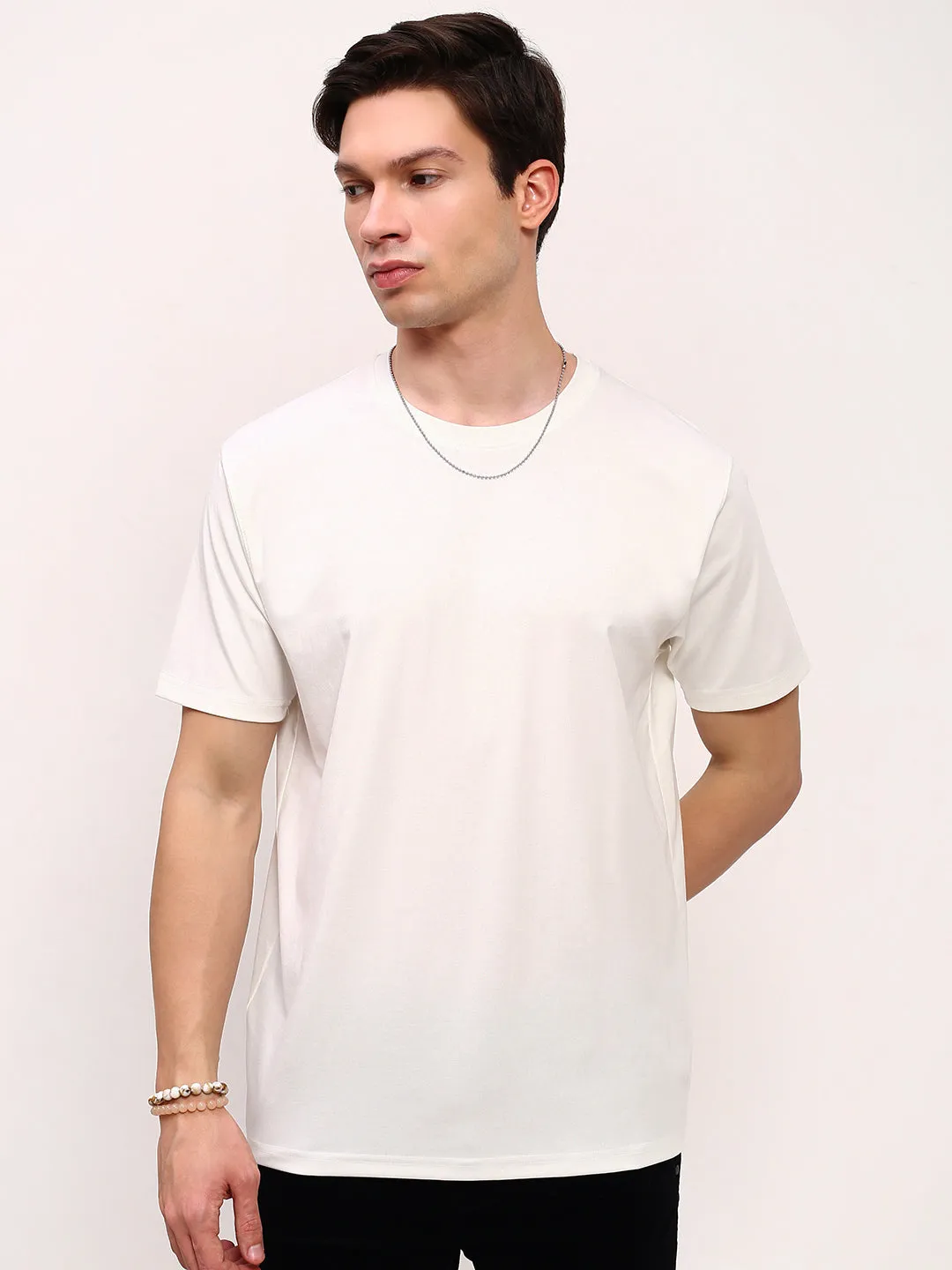 Men's White Solid Round Neck Cotton Relaxed Fit T-Shirt Cozy Coverage