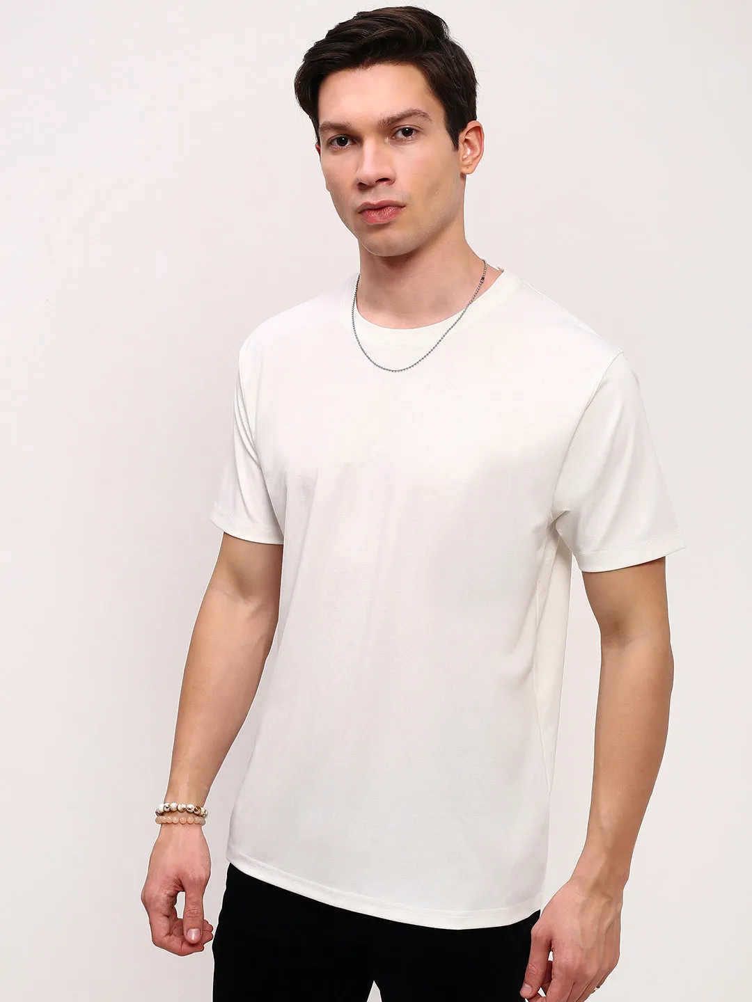 Casual Hoodie Tall Length Men's White Solid Round Neck Cotton Relaxed Fit T-Shirt