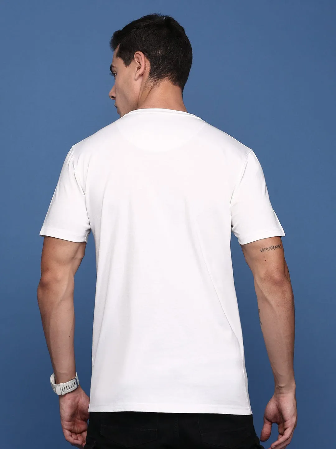sequin Men's White Solid Round Neck Cotton Slim Fit T-Shirt
