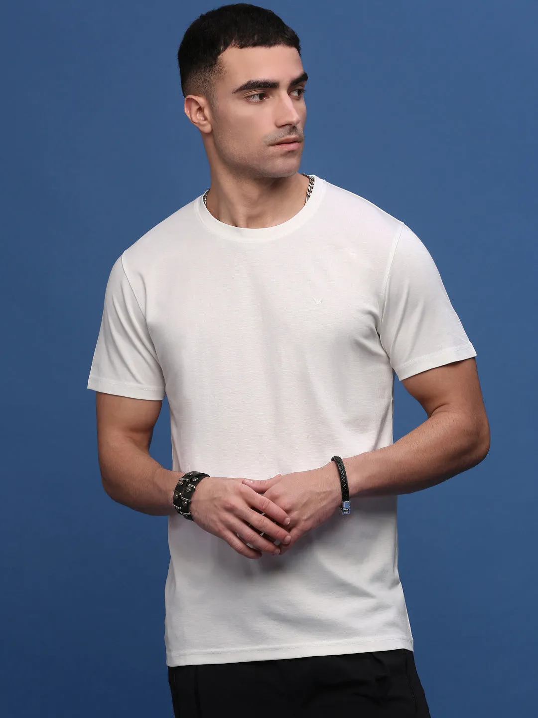 Men's White Solid Round Neck Cotton Slim Fit T-Shirt Embroidered Detail Timeless Fashion