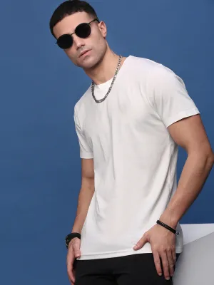 Men's White Solid Round Neck Cotton Slim Fit T-Shirt Camping Gear product hiking suitable durability