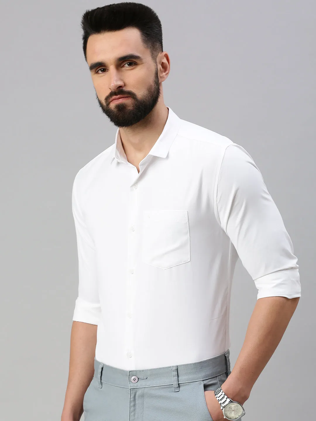 Men's White Solid Slim Fit Shirt TaglessDesign LowProfile Design