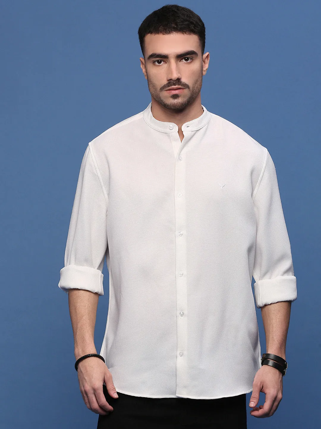 Flexible Waistband Plane Mood Men's White Standard Slim Fit Opaque Casual Shirt