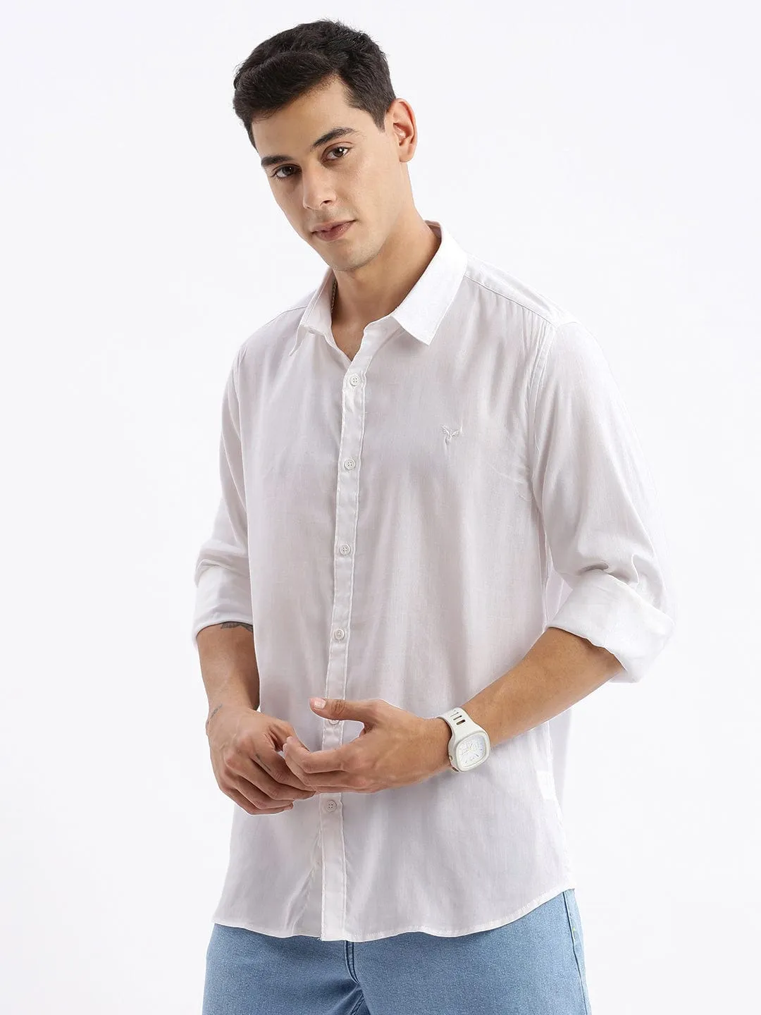 Men's White Standard Slim Fit Opaque Cotton Casual Shirt Spark Soul Fame Glow