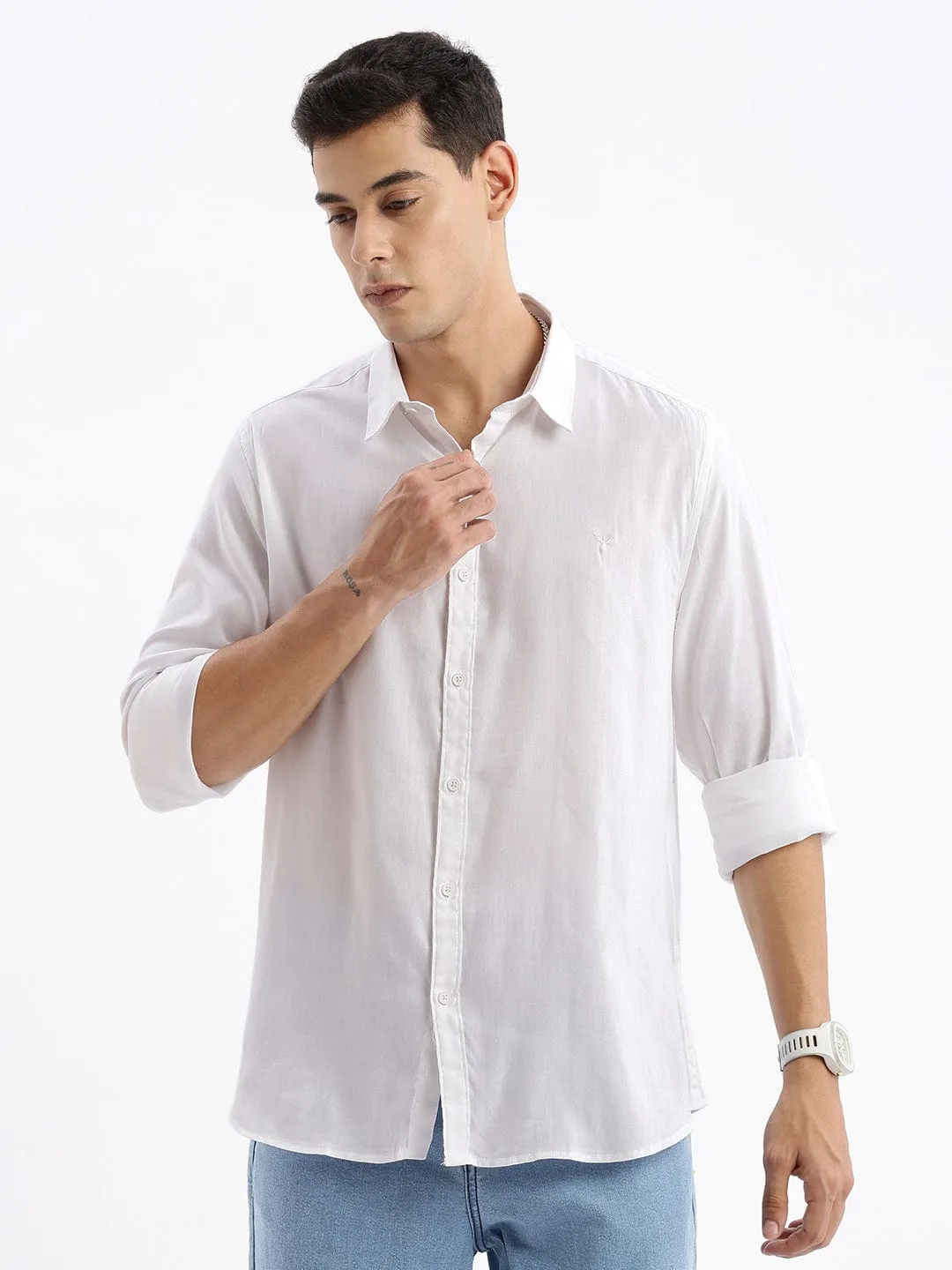 Motion Core Scandi Clean Men's White Standard Slim Fit Opaque Cotton Casual Shirt