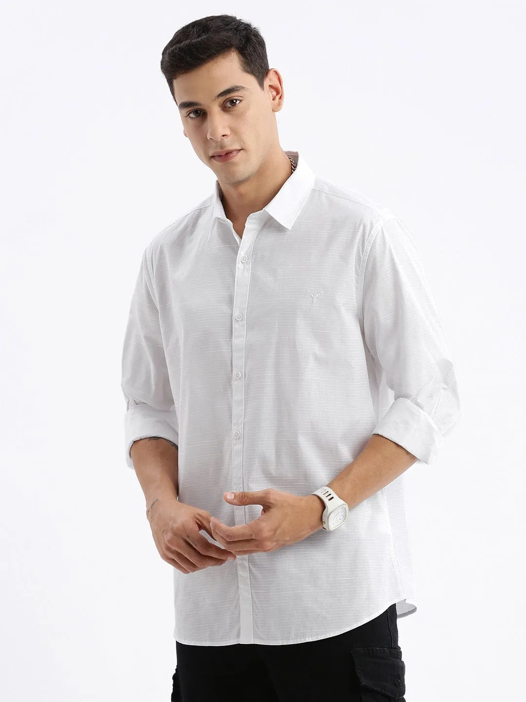 Men's White Standard Slim Fit Opaque Cotton Casual Shirt Winter Fit