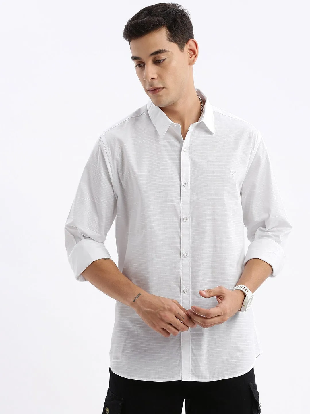 Men's White Standard Slim Fit Opaque Cotton Casual Shirt Wind Glow