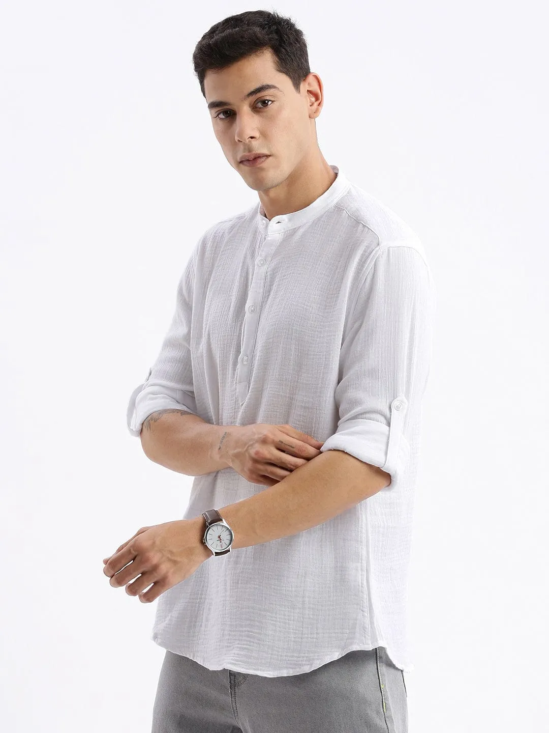 Men's White Standard Slim Fit Opaque Cotton Casual Shirt LightweightWeave