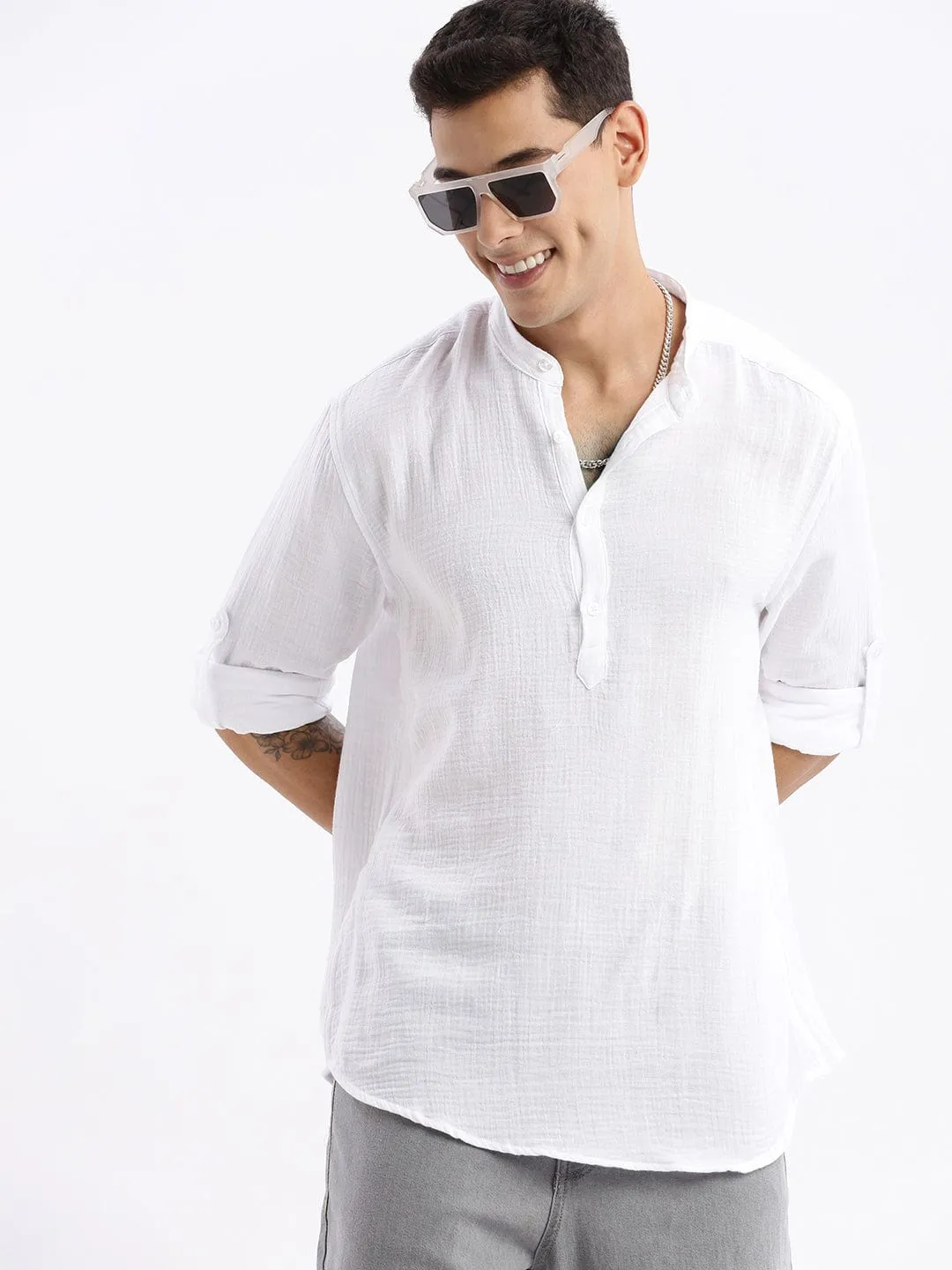 Effortless Fashion StaticFree Material Men's White Standard Slim Fit Opaque Cotton Casual Shirt