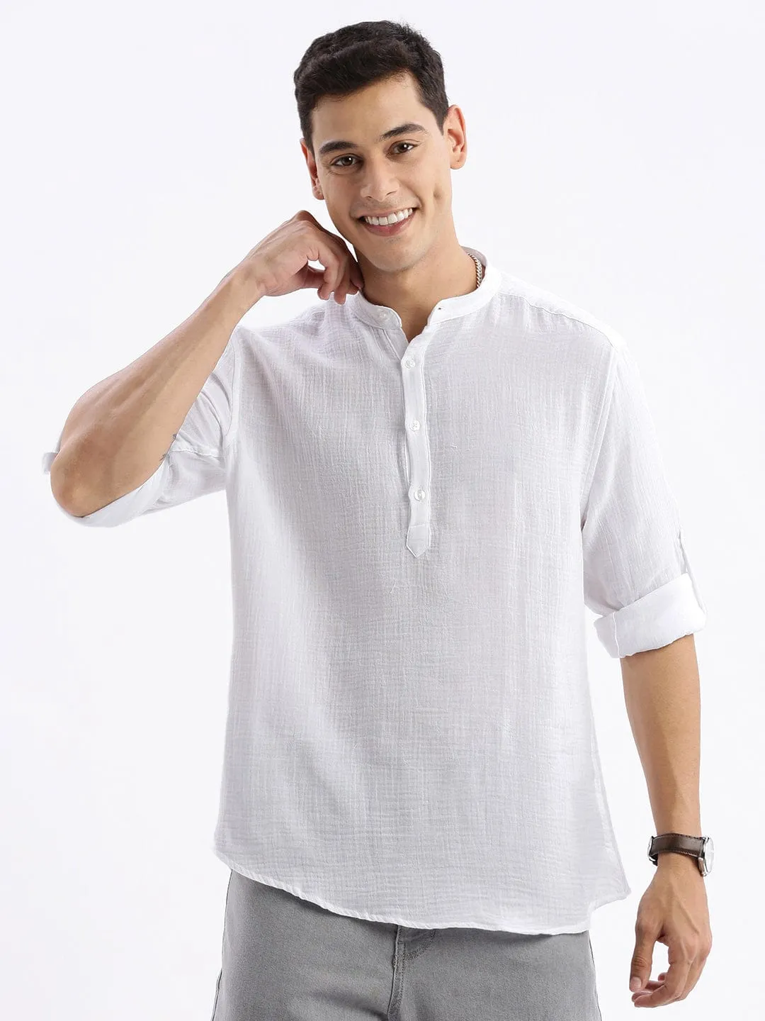 Men's White Standard Slim Fit Opaque Cotton Casual Shirt ThermalRegulating Layer Silent Mood