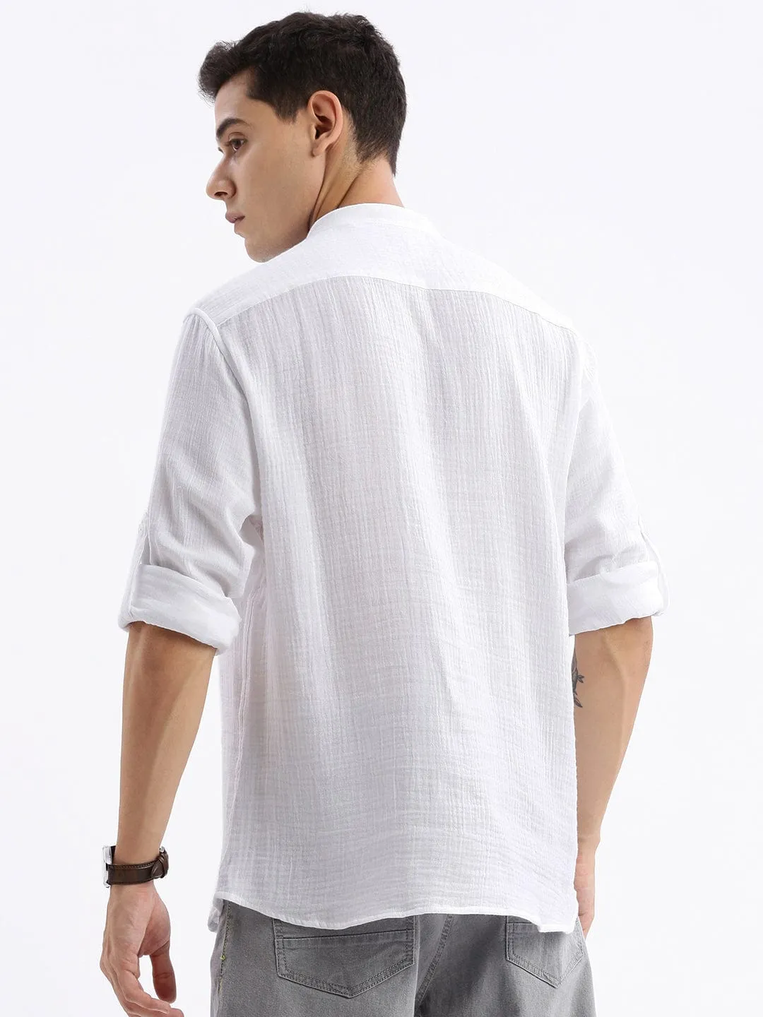 Men's White Standard Slim Fit Opaque Cotton Casual Shirt Utility Mode