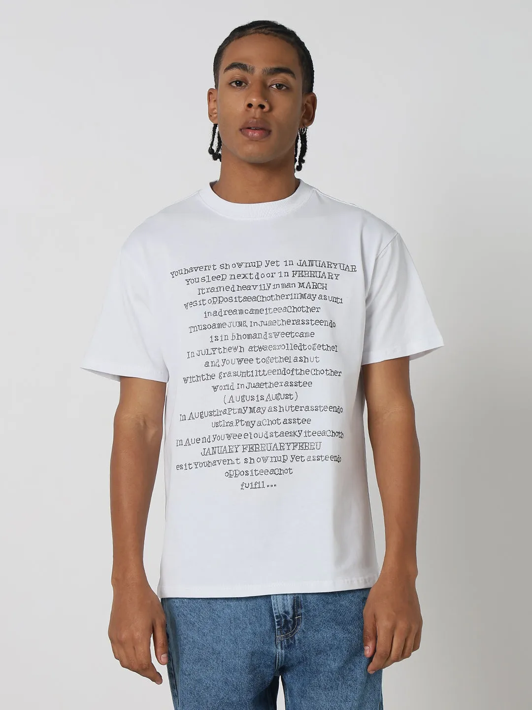 Men's White Stone Embellished Typography T-Shirt Smooth Yarn yoga mode