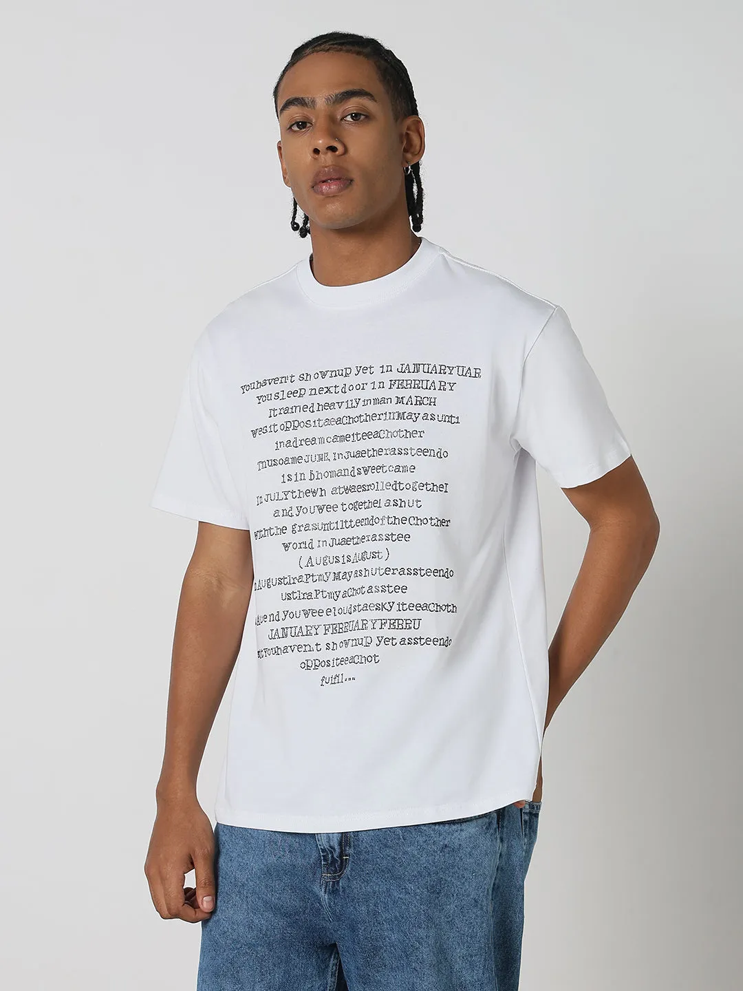 LightweightTextile Mountain Cool Men's White Stone Embellished Typography T-Shirt