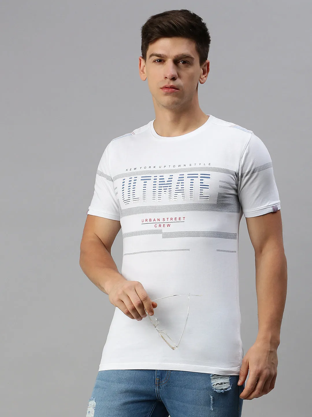 Men's White Striped And Typography Printed Casual Cotton T-shirt aesthetic features