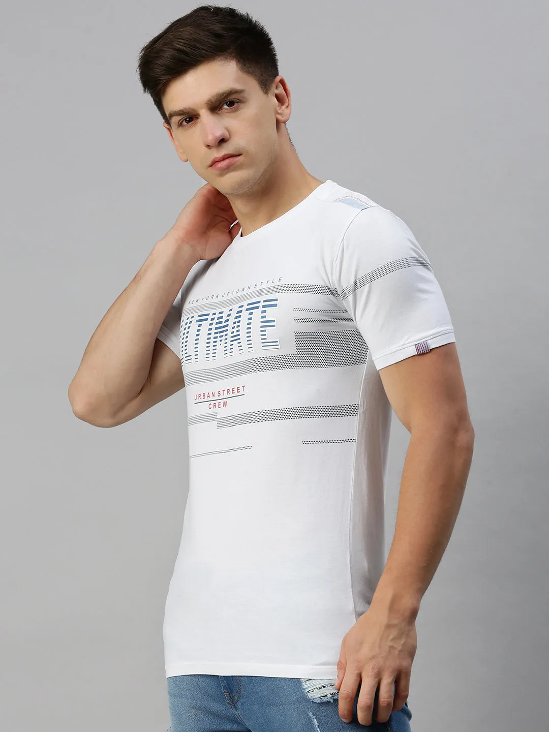 Men's White Striped And Typography Printed Casual Cotton T-shirt product tribal energy Floral Print