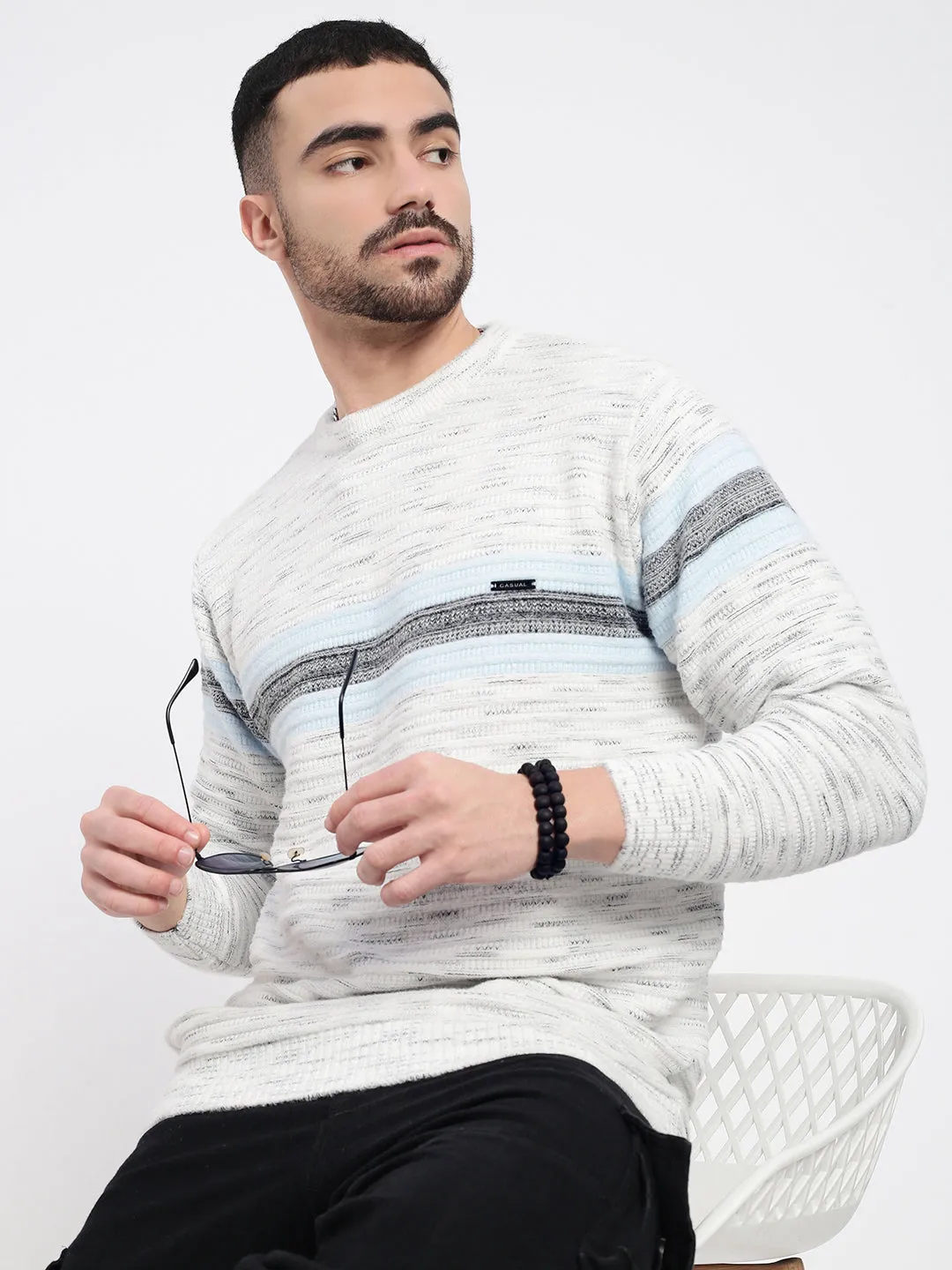 Men's White Striped Long Sleeves Pullover DoubleLayered Collar