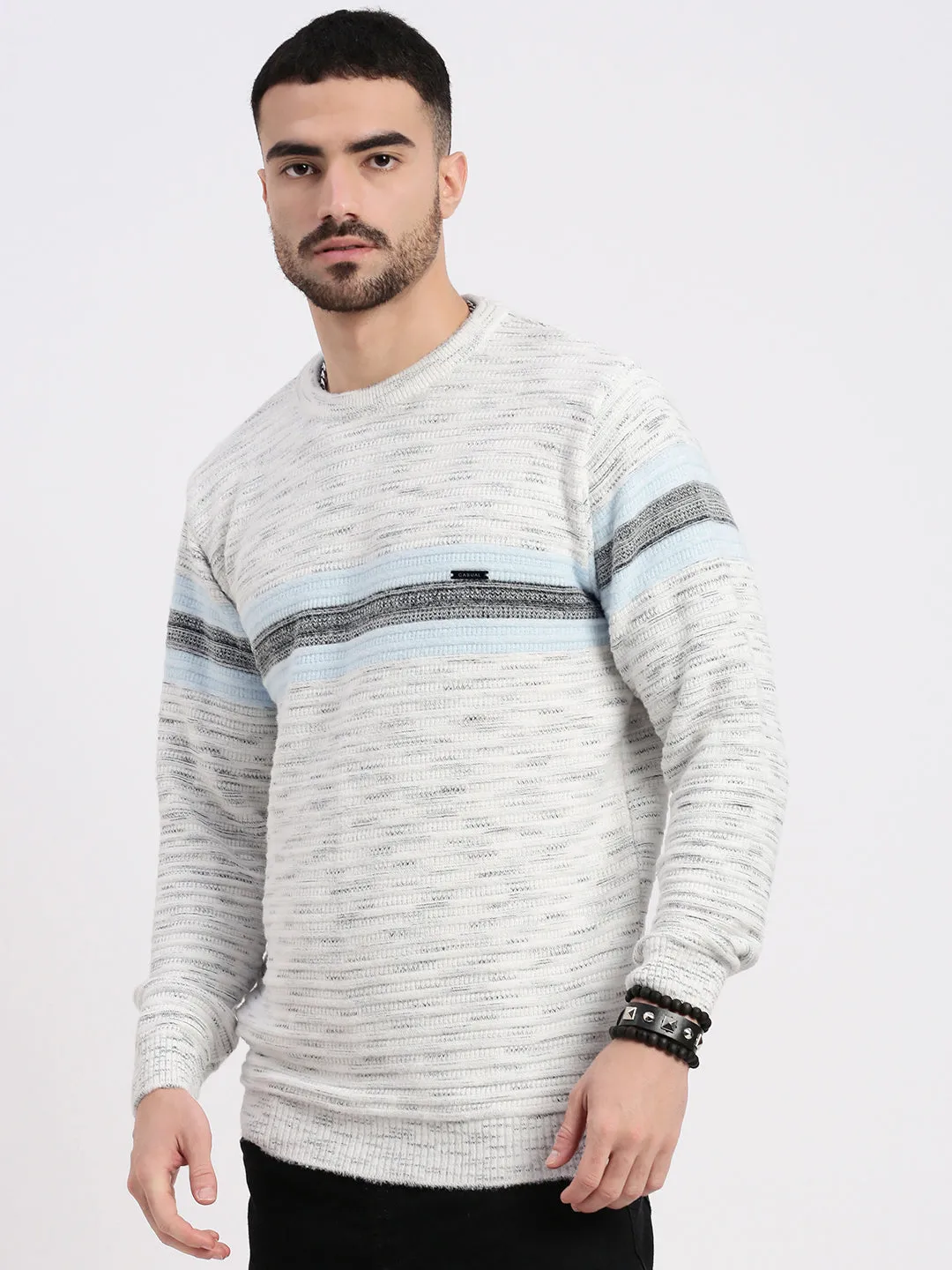 Men's White Striped Long Sleeves Pullover Thermal Insulation Layer