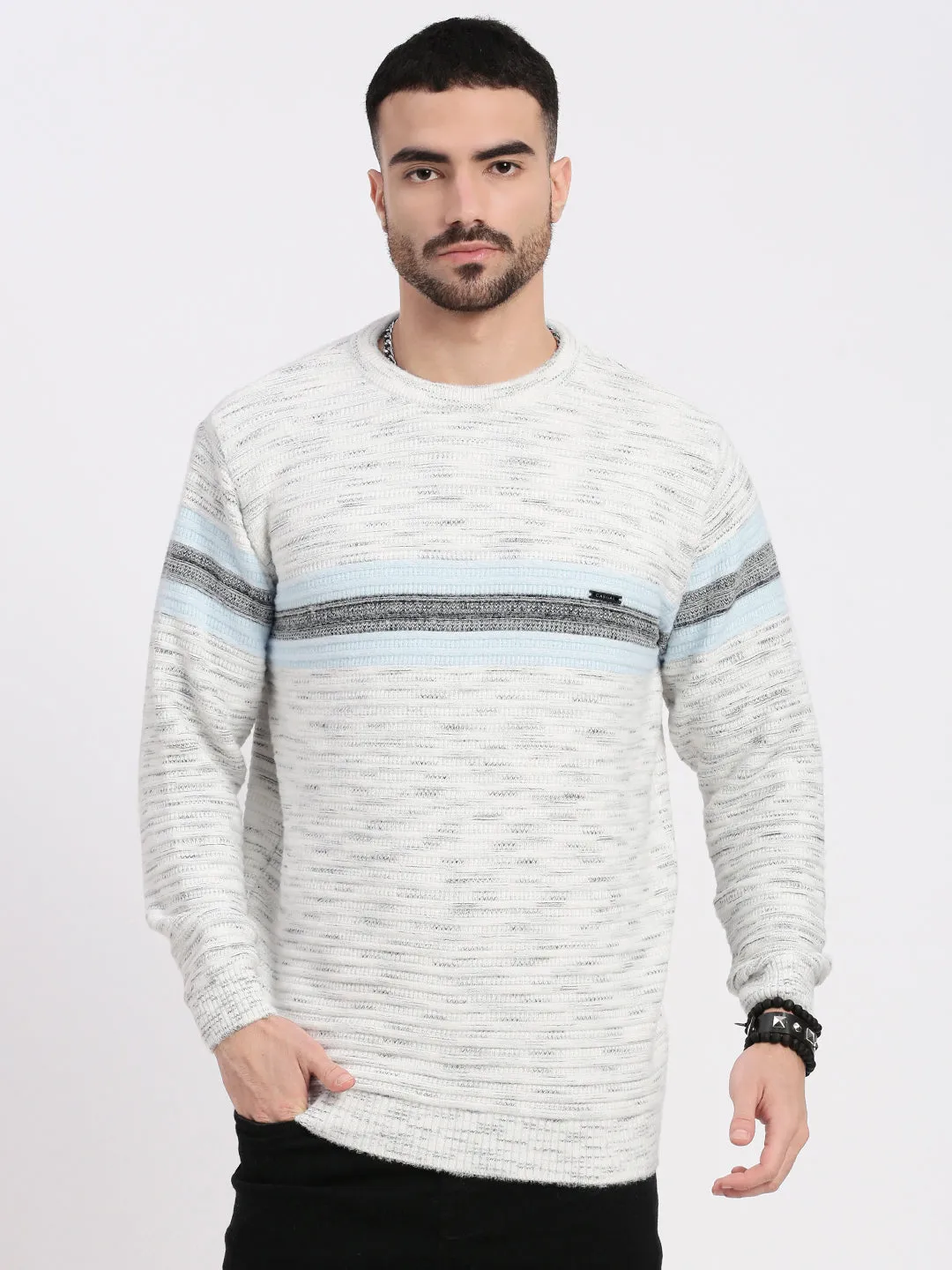 Men's White Striped Long Sleeves Pullover Ultra Soft Yarn Fresh Style
