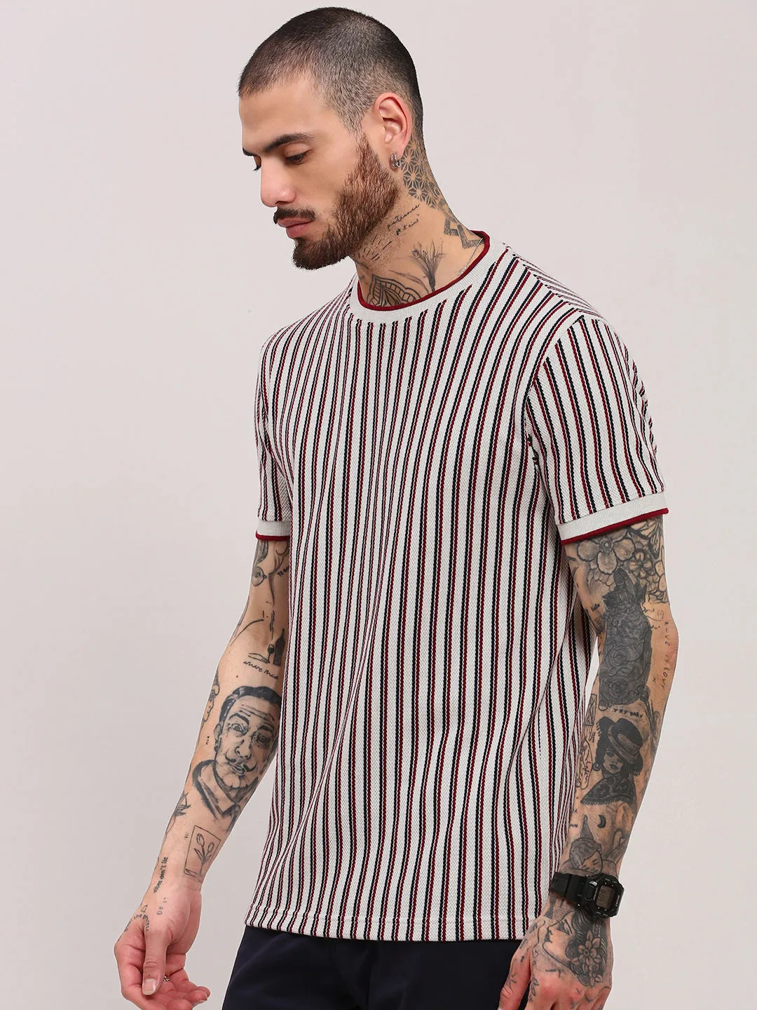 Men's White Striped Round Neck Cotton T-Shirt Insulated Outerwear