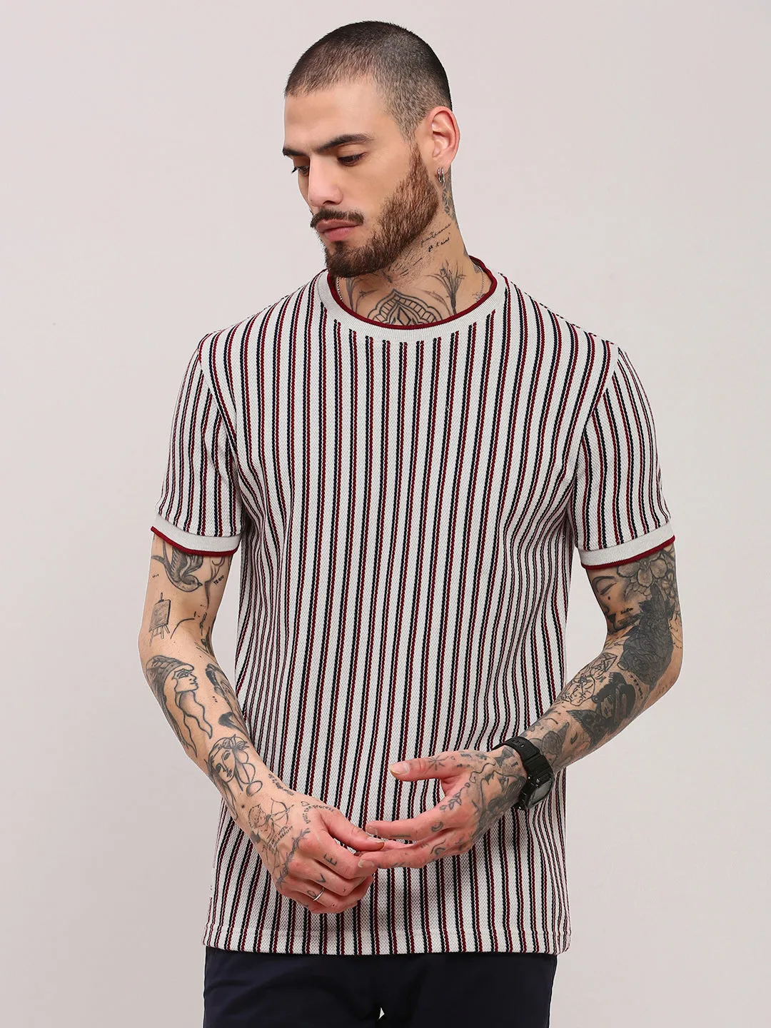 Men's White Striped Round Neck Cotton T-Shirt Layered Look Denim Cool