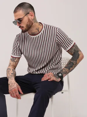 Elite Vibe Men's White Striped Round Neck Cotton T-Shirt