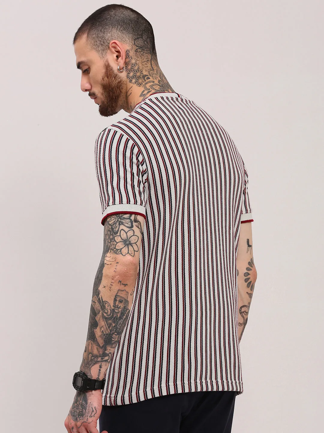 Breathable Lamination Men's White Striped Round Neck Cotton T-Shirt