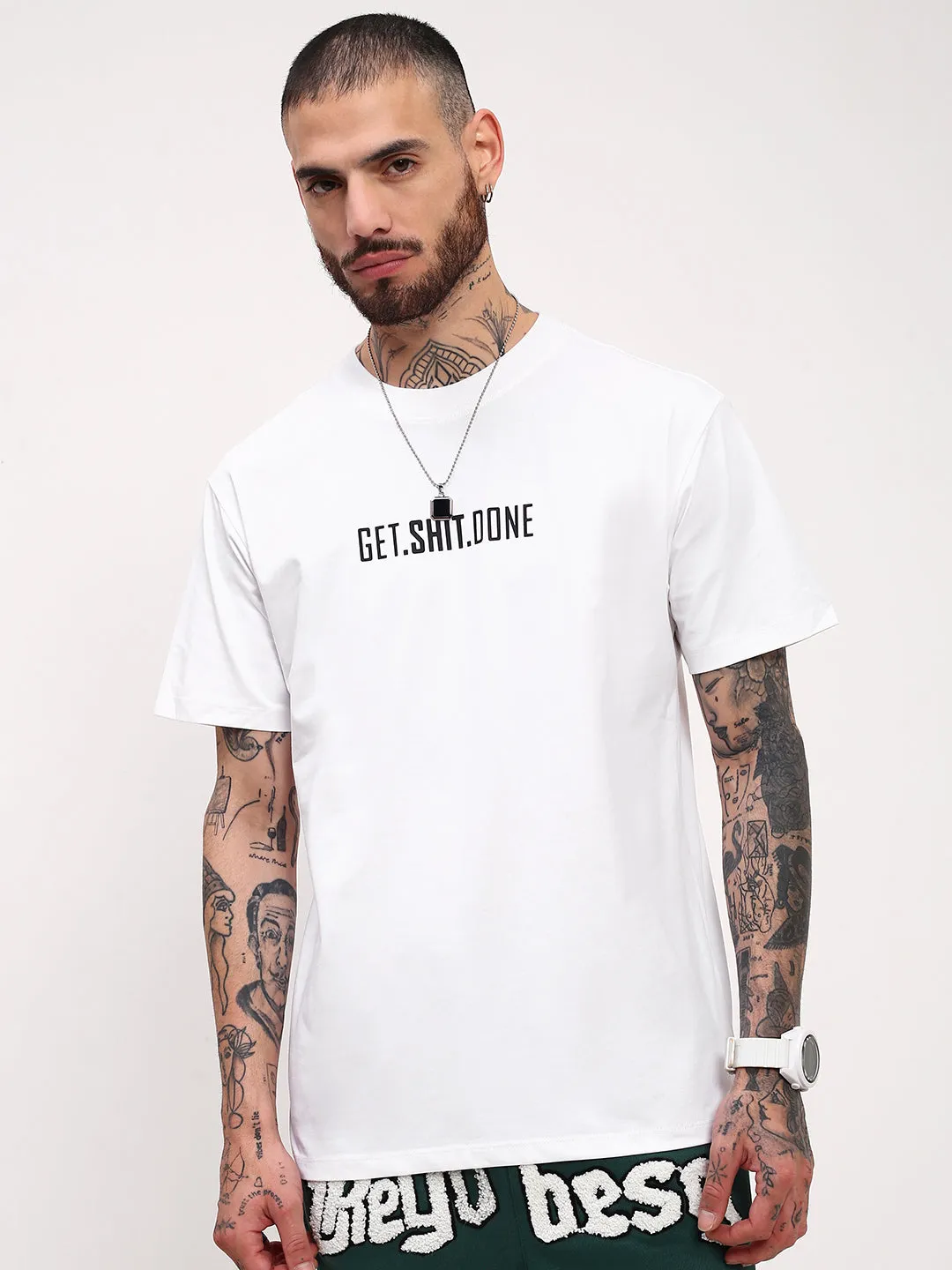 Men's White Typography Printed Cotton T-Shirt Core Active ring accents