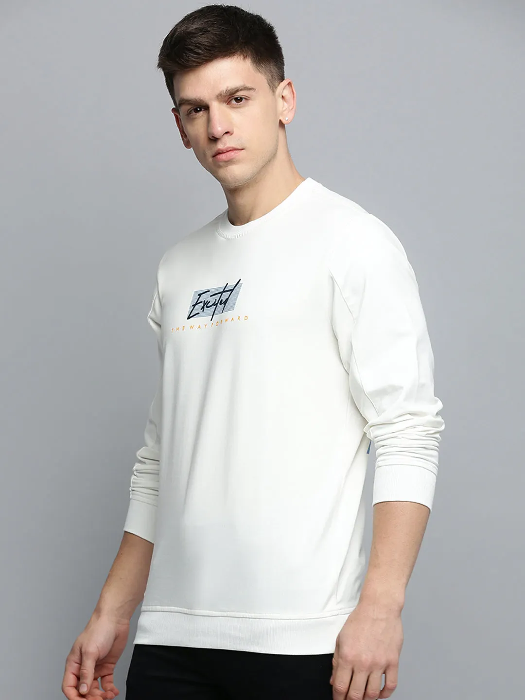Men's White Typography Printed Pullover Cotton Sweatshirt Cold Layer